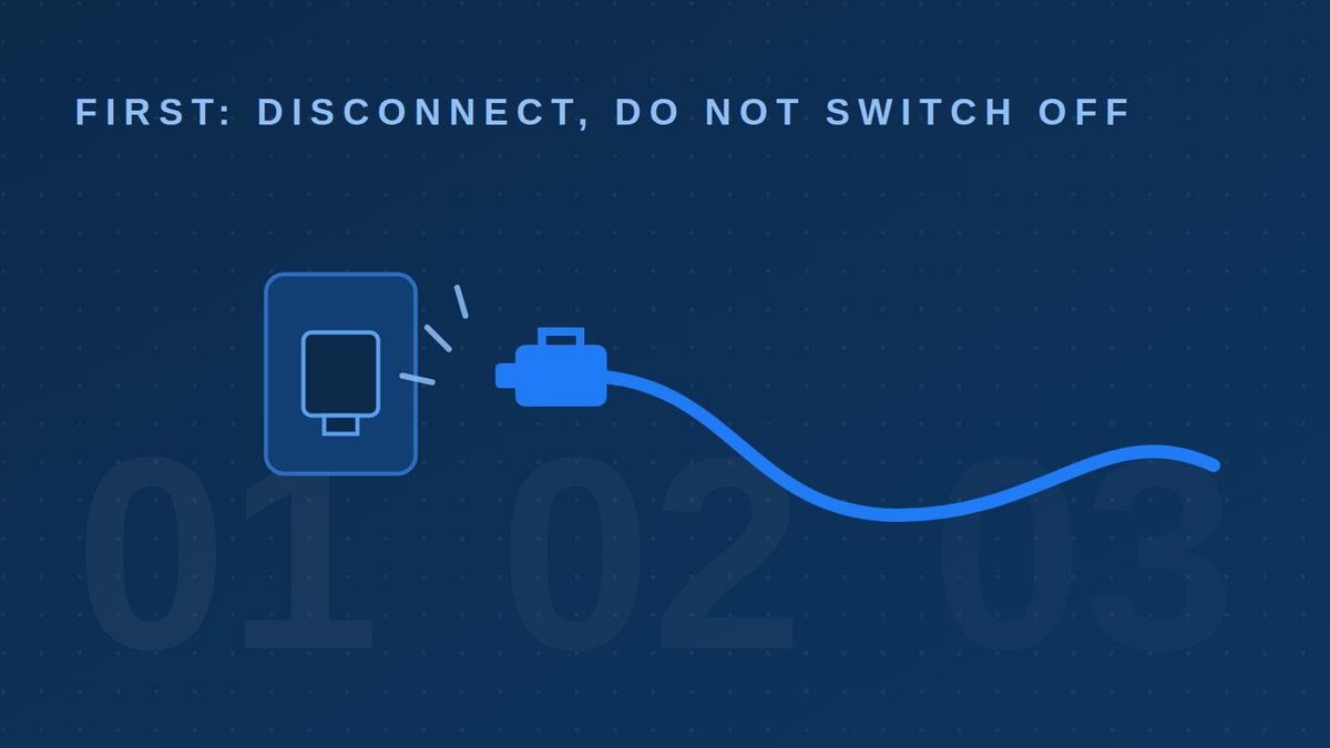 Illustration of a network cable unplugged from its port, captioned first disconnect, do not switch off